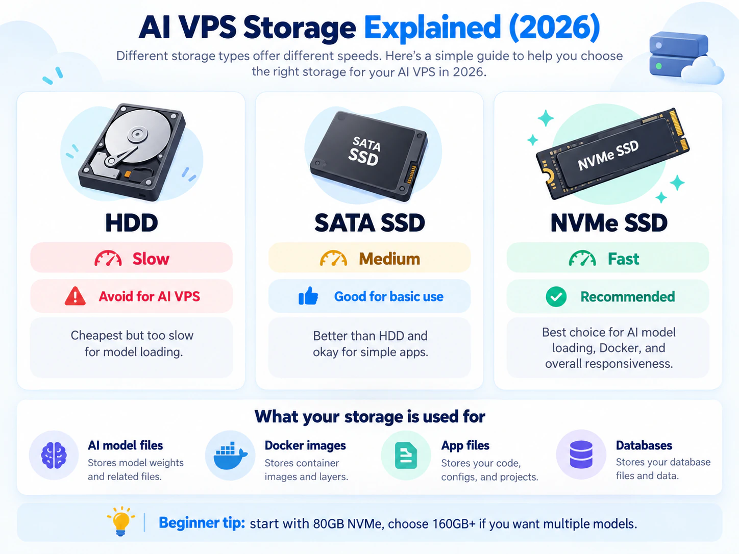 Comparison of HDD, SATA SSD and NVMe SSD for an AI VPS with speed and suitability ratings, plus what storage is used for: AI model files, Docker images, app files and databases.